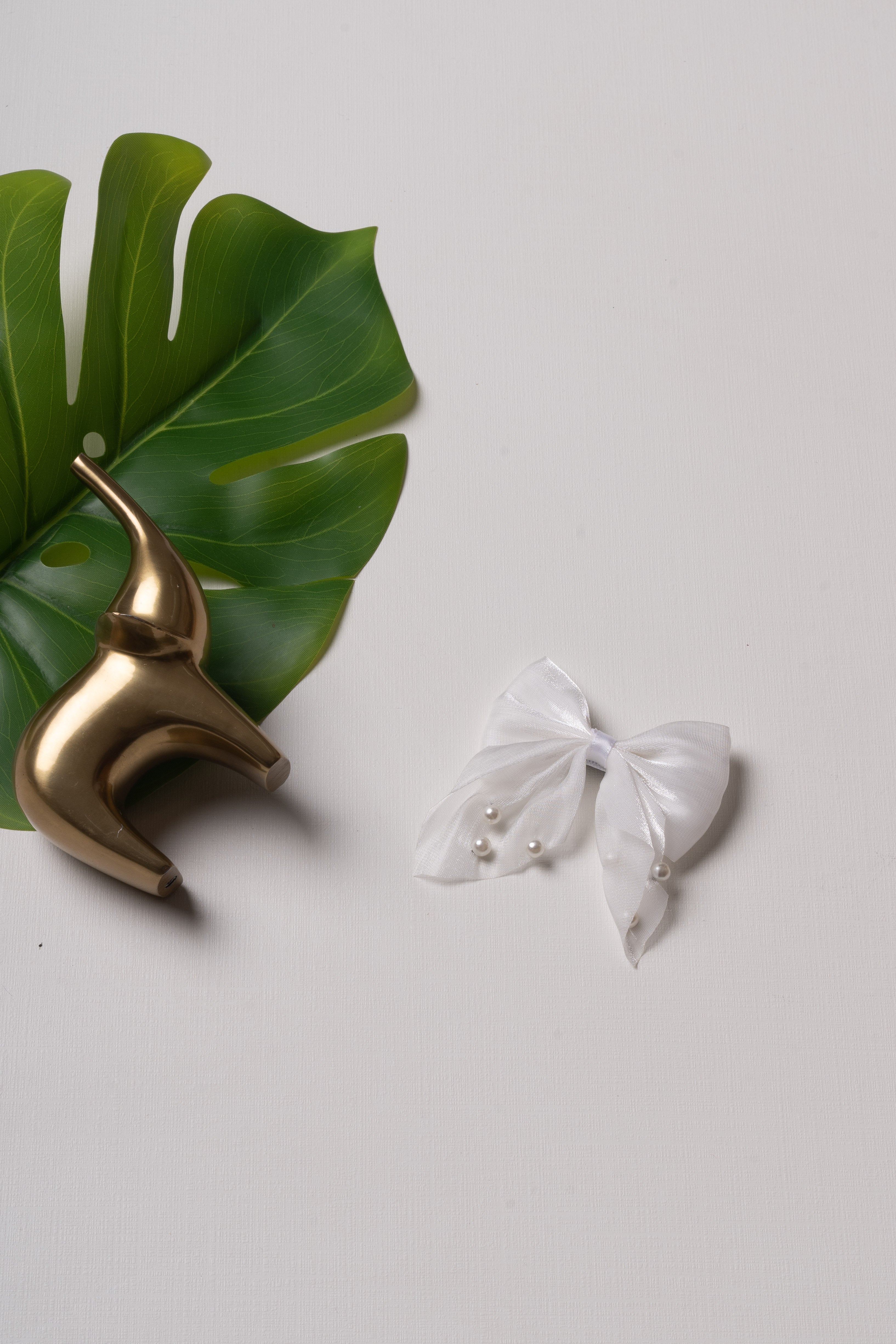 Elegant White Satin Hair Bow with Pearls | Sophisticated