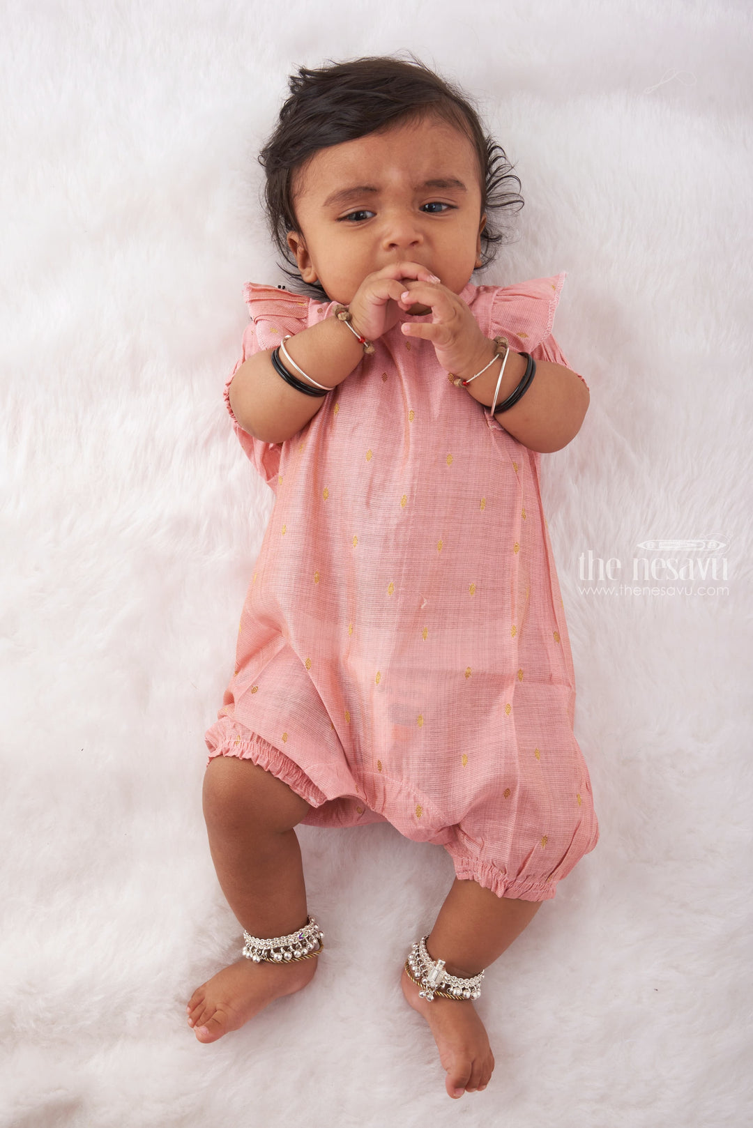 The Nesavu Baby Rompers/Onesies Elegant Pink Baby Romper with Delicate Gold Accents- New Born Baby Dress Nesavu 10 (NB) / Pink / Blend Silk IF017A-10 Elegant Pink Baby Romper with Gold Accents | Soft & Stylish Onesie for Babies | New born baby dress | The Nesavu