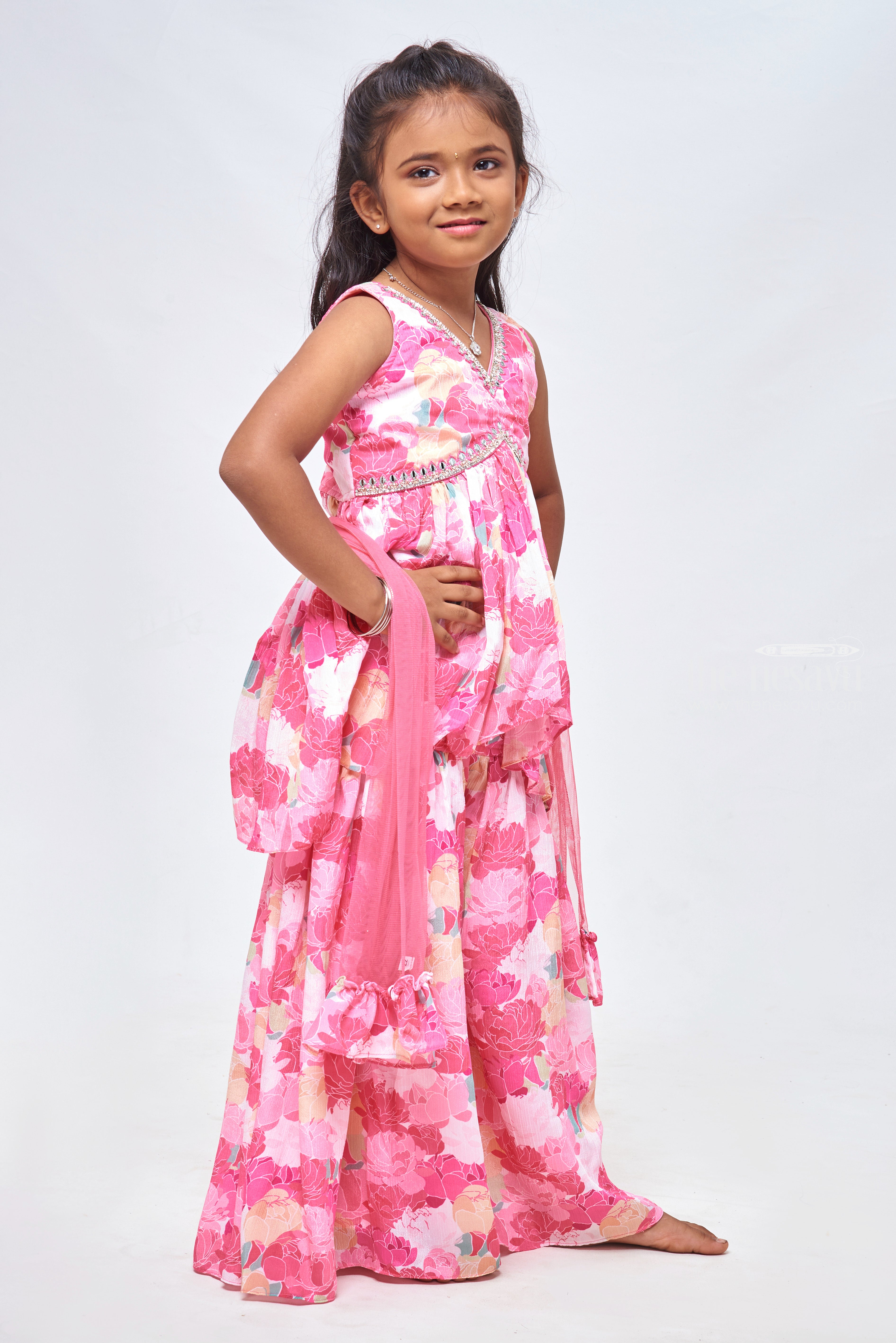 Buy Pink Silk Kurti with Embroidery Sharara Organza Dupatta for Girls Online