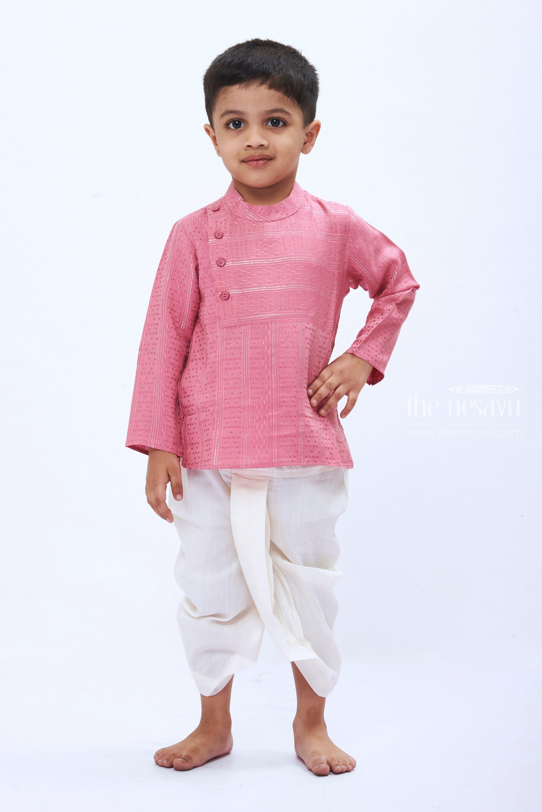 The Nesavu Boys Dothi Set Elegant Pink Kurta with White Dhoti Set for Boys Party Wear Dress Nesavu 12 (3M) / Pink / Silk BES479A-12 Boys Pink Kurta Set with White Dhoti | Traditional Festive Wear | Elegant Ethnic Outfit | The Nesavu