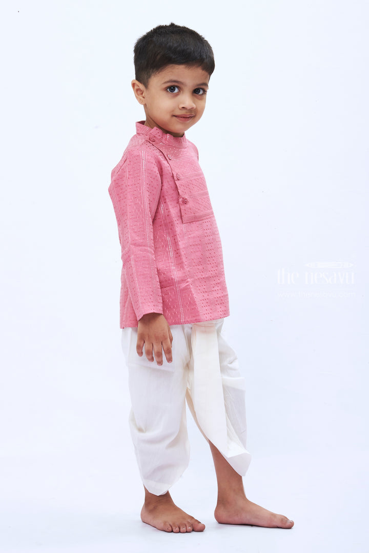 The Nesavu Boys Dothi Set Elegant Pink Kurta with White Dhoti Set for Boys Party Wear Dress Nesavu Boys Pink Kurta Set with White Dhoti | Traditional Festive Wear | Elegant Ethnic Outfit | The Nesavu