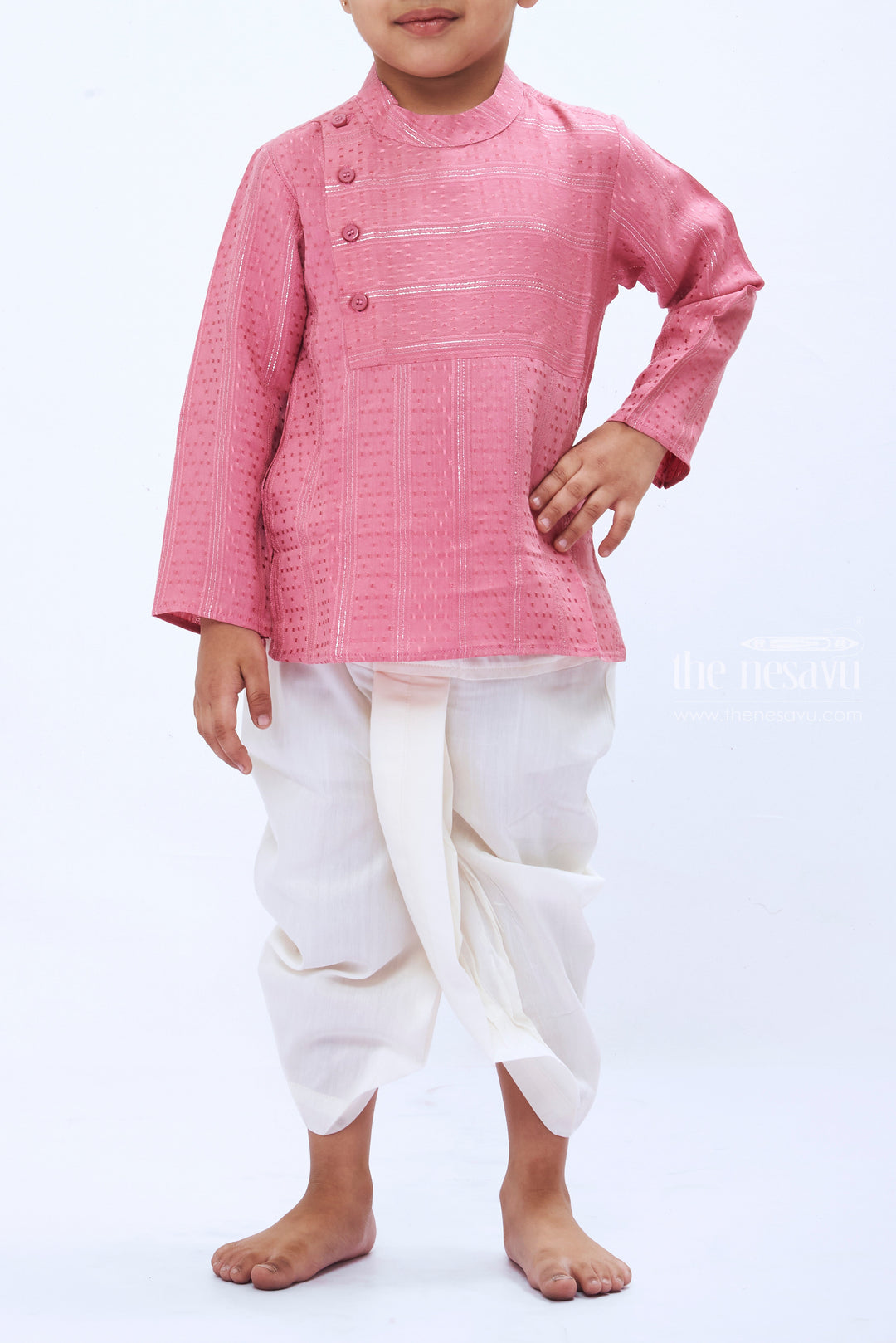 The Nesavu Boys Dothi Set Elegant Pink Kurta with White Dhoti Set for Boys Party Wear Dress Nesavu Boys Pink Kurta Set with White Dhoti | Traditional Festive Wear | Elegant Ethnic Outfit | The Nesavu