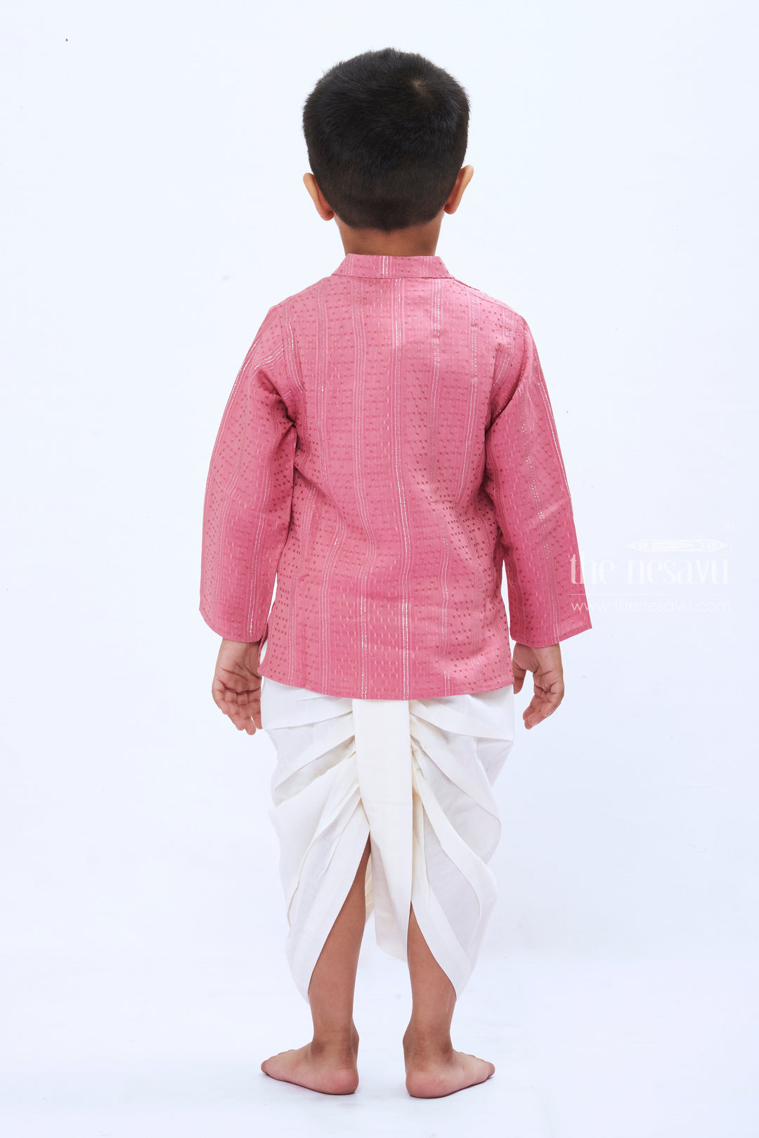 The Nesavu Boys Dothi Set Elegant Pink Kurta with White Dhoti Set for Boys Party Wear Dress Nesavu Boys Pink Kurta Set with White Dhoti | Traditional Festive Wear | Elegant Ethnic Outfit | The Nesavu