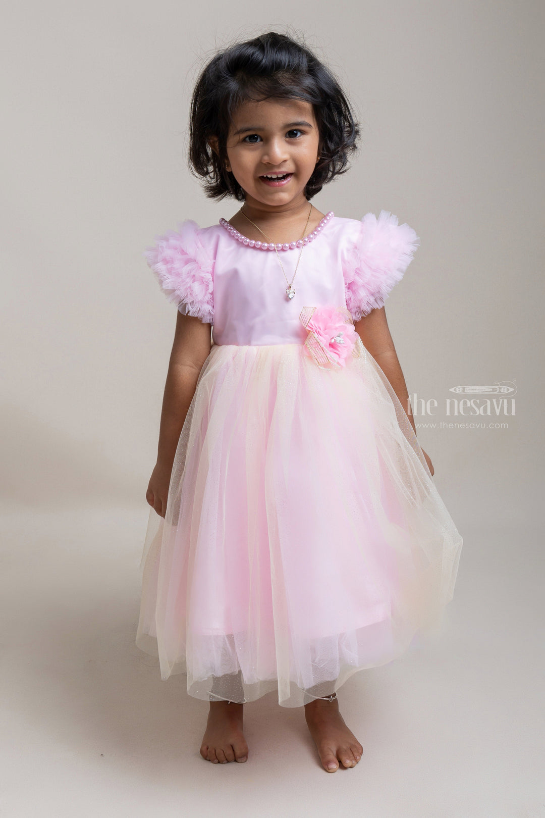The Nesavu Girls Tutu Frock Elegant Pink Party Frock With Pearl Sequenced Neck Design For Girls Nesavu Fashionable party frocks | High-quality party frocks | The Nesavu