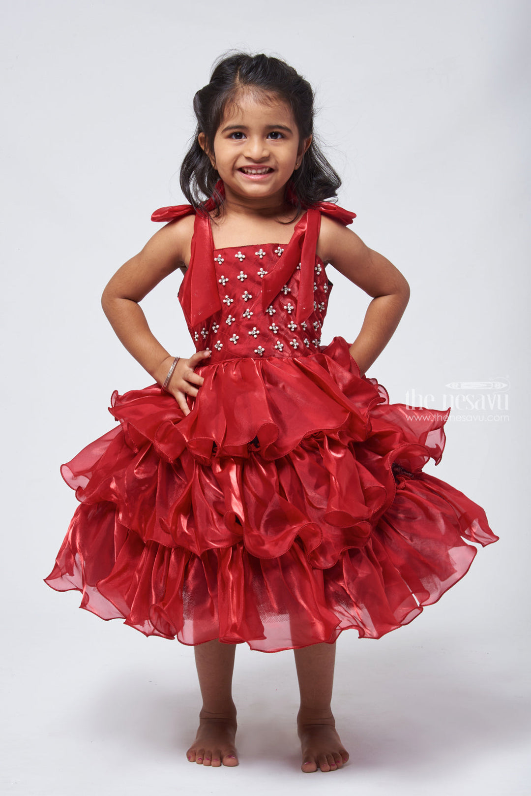 The Nesavu Party Frock Elegant Pink Ruffled Party Frock: Layered Design with Stone-Embellished Yoke for Girls Nesavu 16 (1Y) / Pink PF123A-16 Ruffled Layered Party Frock | Party Wear for Girls | The Nesavu