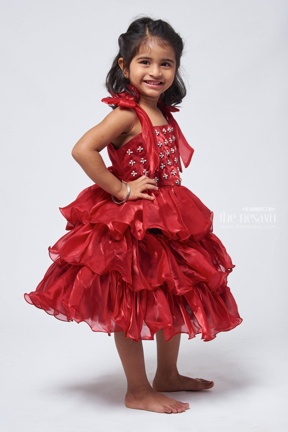 The Nesavu Party Frock Elegant Pink Ruffled Party Frock: Layered Design with Stone-Embellished Yoke for Girls Nesavu Ruffled Layered Party Frock | Party Wear for Girls | The Nesavu