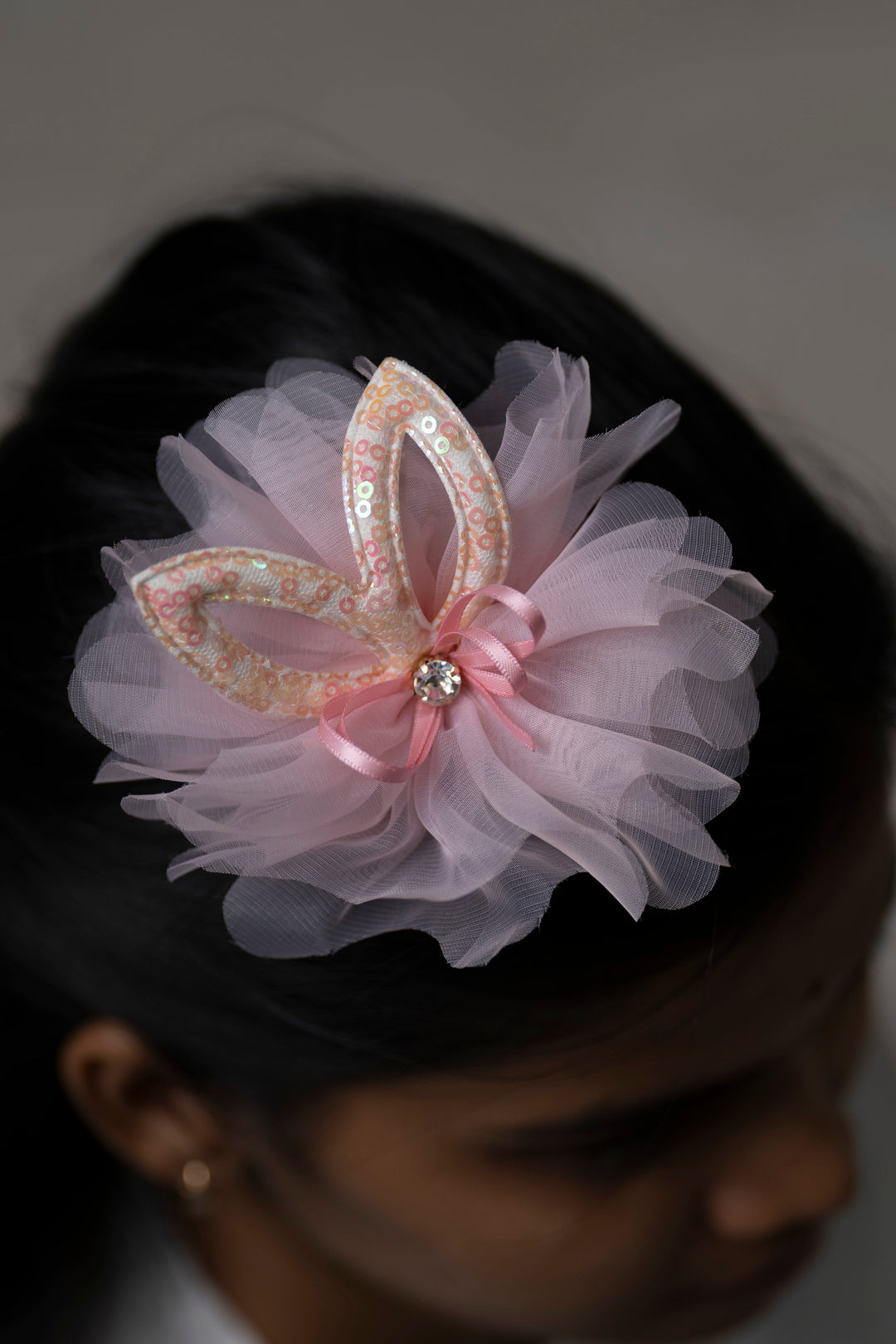 The Nesavu Hair Clip Elegant Pink Tulle Bow Hair Clip with Sequin Accents for Girls Nesavu Pink JHCL66E Girls Pink Sequin Tulle Bow Hair Clip | Sparkling Hair Clip Accessory | The Nesavu