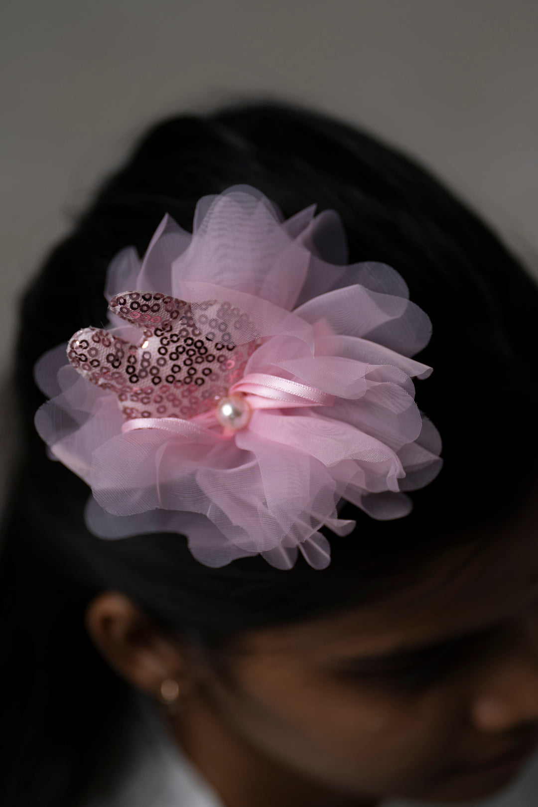 The Nesavu Hair Clip Elegant Pink Tulle Flower Hair Clip with Sequin Details Nesavu Pink JHCL65A Pink Tulle Sequined Flower Clip | Delicate Hair Accessory for Special Occasions | The Nesavu