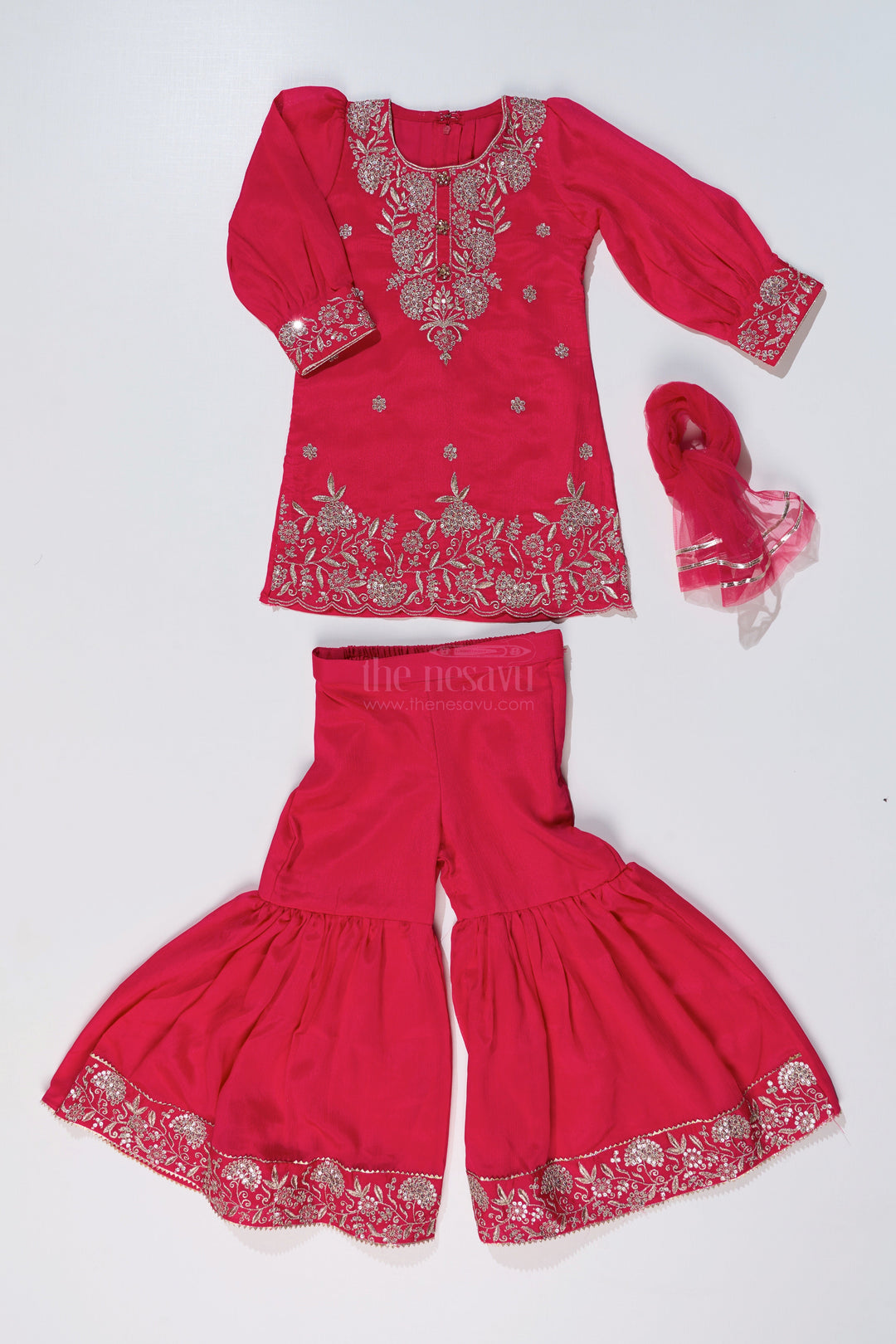 The Nesavu Girls Sharara / Plazo Set Elegant Plain Kurti Plazo Set for Girls with Embroidered Chinon Fabric and Flared Bottom Nesavu Nesavu Elegant Plain Kurti Plazo Set Girls Embroidered Chinon Fabric Flared Bottom