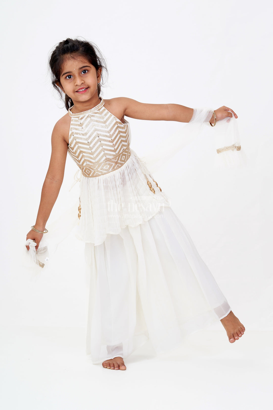 The Nesavu Girls Sharara / Plazo Set Elegant Plazo Traditional Dress for Girls with Georgette Embroidery and Sequin Detailing Nesavu 16 (1Y) / Cream GPS538B-16 Nesavu Elegant Plazo Traditional Dress Girls Georgette Embroidery Sequin Detailing