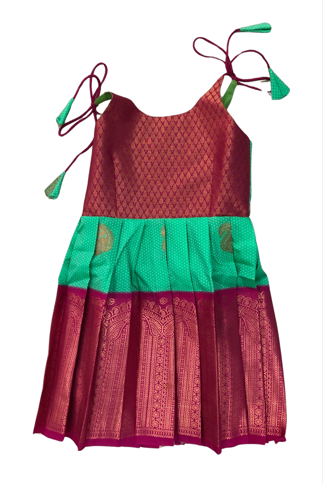 The Nesavu Tie-up Frock Elegant Purple and Green Silk Tie Up Frock with Golden Zari for Kids Nesavu 18 (2Y) / Green / Style 1 T302A-18 Traditional Purple & Green Silk Frock with Zari for Girls | The Nesavu