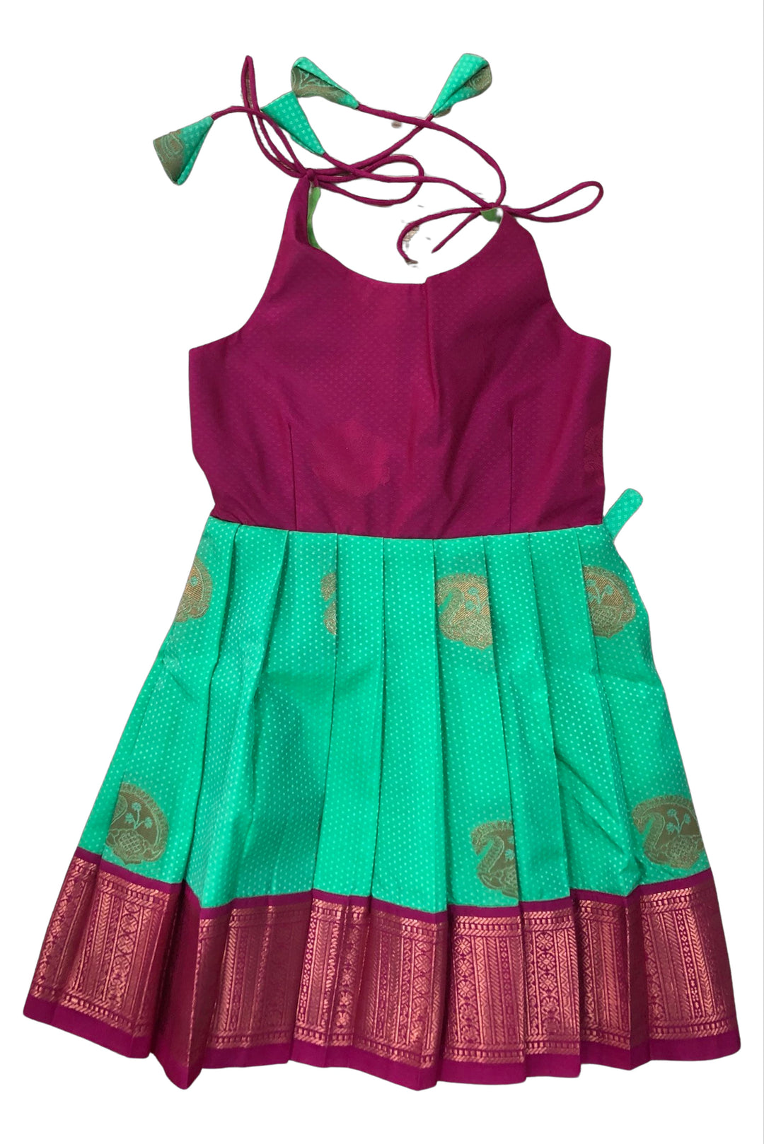 The Nesavu Tie-up Frock Elegant Purple and Green Silk Tie Up Frock with Golden Zari for Kids Nesavu 18 (2Y) / Green / Style 3 T302C-18 Traditional Purple & Green Silk Frock with Zari for Girls | The Nesavu