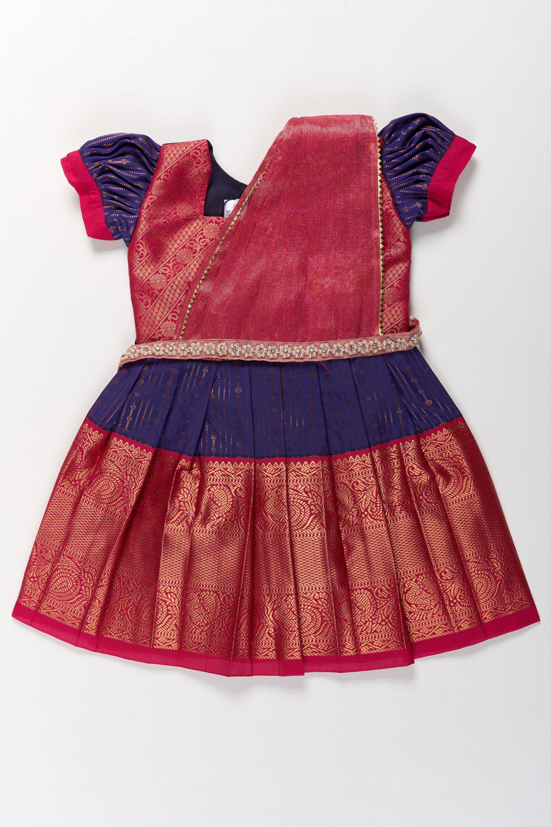 The Nesavu Girls Kanchi Silk Frock Elegant Purple and Red Pattu Pavadai for Girls with Zari Borders and Pleated Skirt Nesavu 14 (6M) / Purple / Style 1 SF827AA-14 Nesavu Elegant Purple Red Pattu Pavadai Girls Zari Borders Pleated Skirt