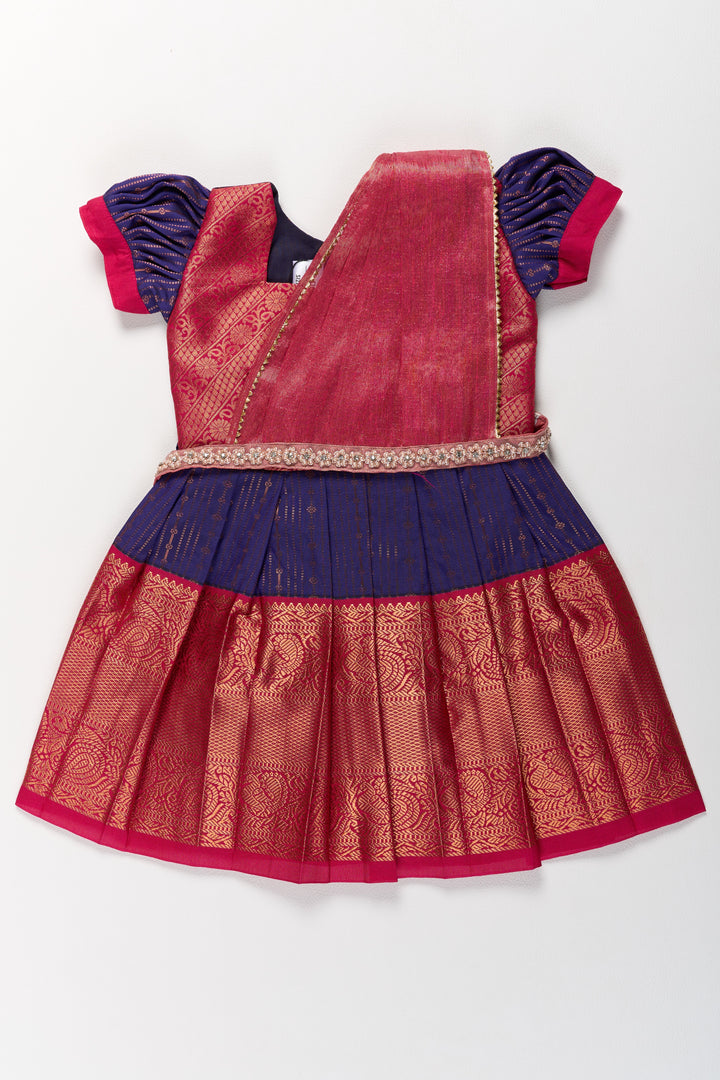 The Nesavu Girls Kanchi Silk Frock Elegant Purple and Red Pattu Pavadai for Girls with Zari Borders and Pleated Skirt Nesavu 14 (6M) / Purple / Style 1 SF827AA-14 Nesavu Elegant Purple Red Pattu Pavadai Girls Zari Borders Pleated Skirt