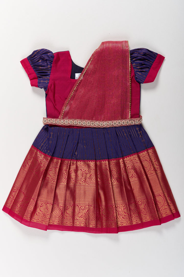 The Nesavu Girls Kanchi Silk Frock Elegant Purple and Red Pattu Pavadai for Girls with Zari Borders and Pleated Skirt Nesavu 16 (1Y) / Purple / Style 3 SF827AC-16 Nesavu Elegant Purple Red Pattu Pavadai Girls Zari Borders Pleated Skirt