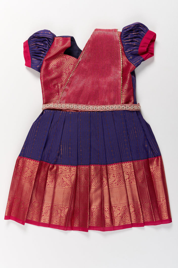 The Nesavu Girls Kanchi Silk Frock Elegant Purple and Red Pattu Pavadai for Girls with Zari Borders and Pleated Skirt Nesavu 20 (3Y) / Purple / Style 2 SF827AB-20 Nesavu Elegant Purple Red Pattu Pavadai Girls Zari Borders Pleated Skirt