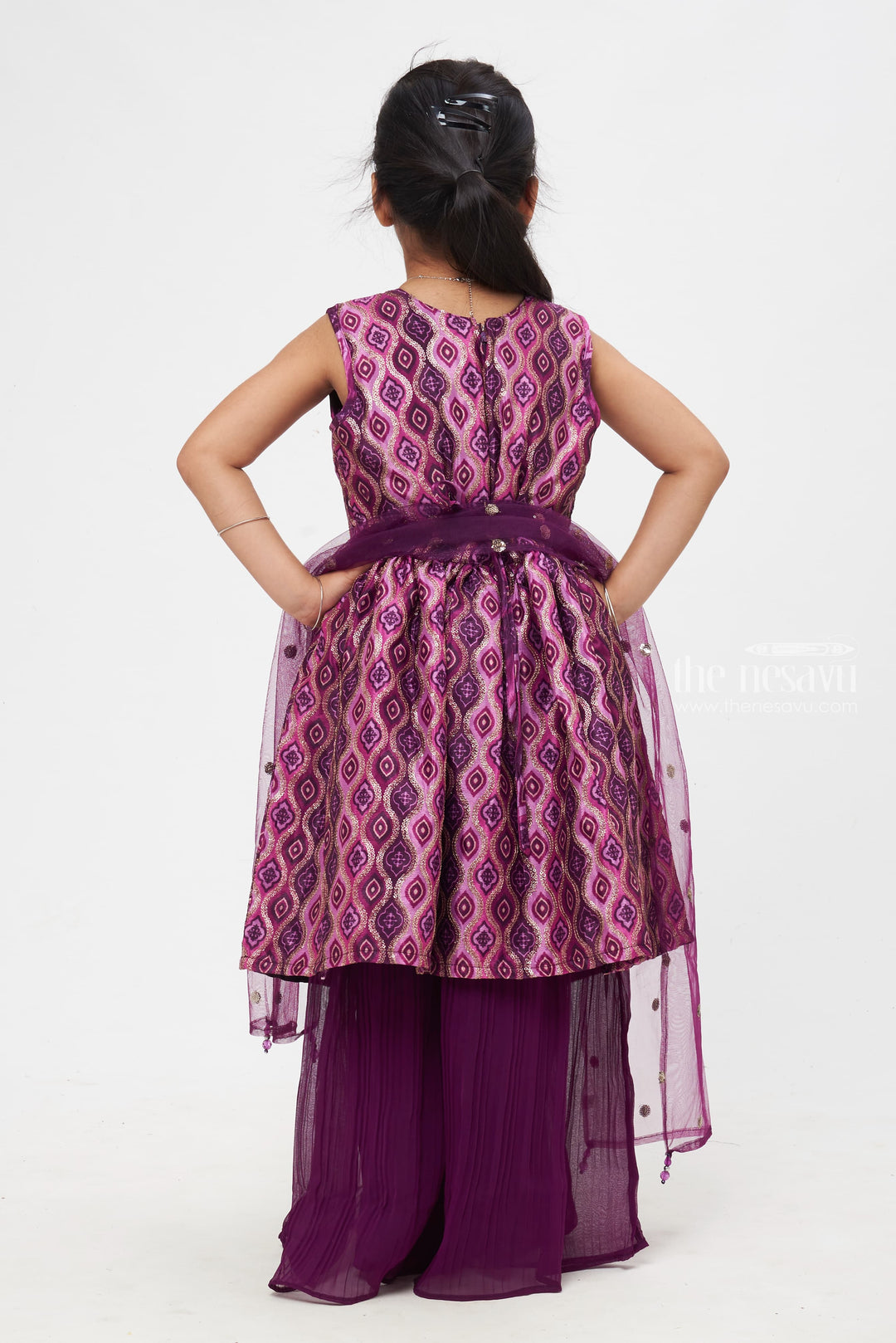 The Nesavu Girls Sharara / Plazo Set Elegant Purple Patterned Dress with Flared Palazzos for Girls Nesavu Swirling Patterned Purple Dress with Palazzos | Kids Festive Wear | Elegant Girls Outfit Collection