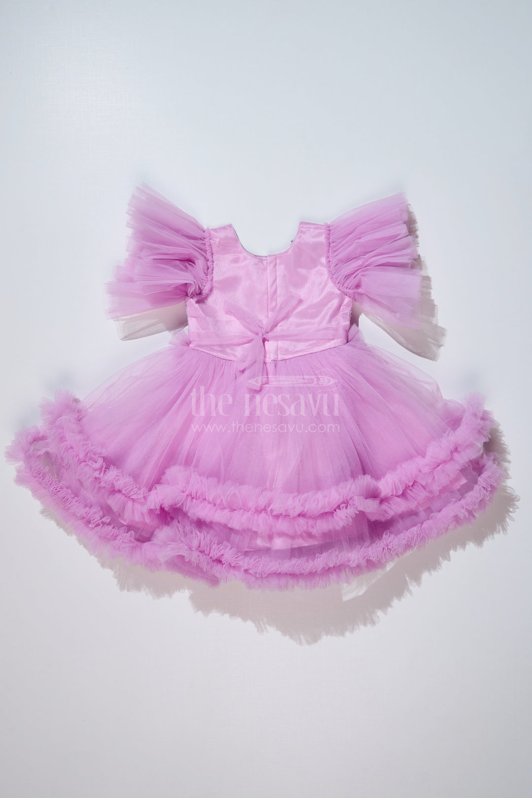 The Nesavu Girls Fancy Party Frock Elegant Purple Short Party Frock for Girls with Sequin Bodice and Ruffled Layers Nesavu Nesavu Purple Short Party Frock Girls Floral Sequin Detailing Ruffled Net Skirt