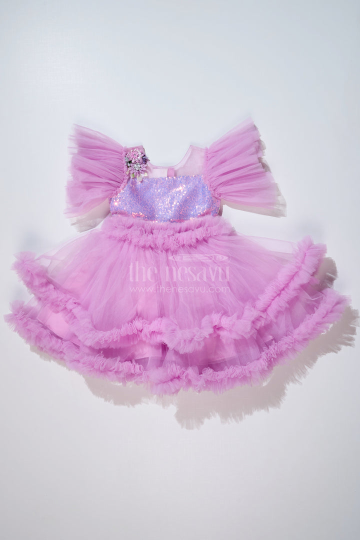 The Nesavu Girls Fancy Party Frock Elegant Purple Short Party Frock for Girls with Sequin Bodice and Ruffled Layers Nesavu Nesavu Purple Short Party Frock Girls Floral Sequin Detailing Ruffled Net Skirt
