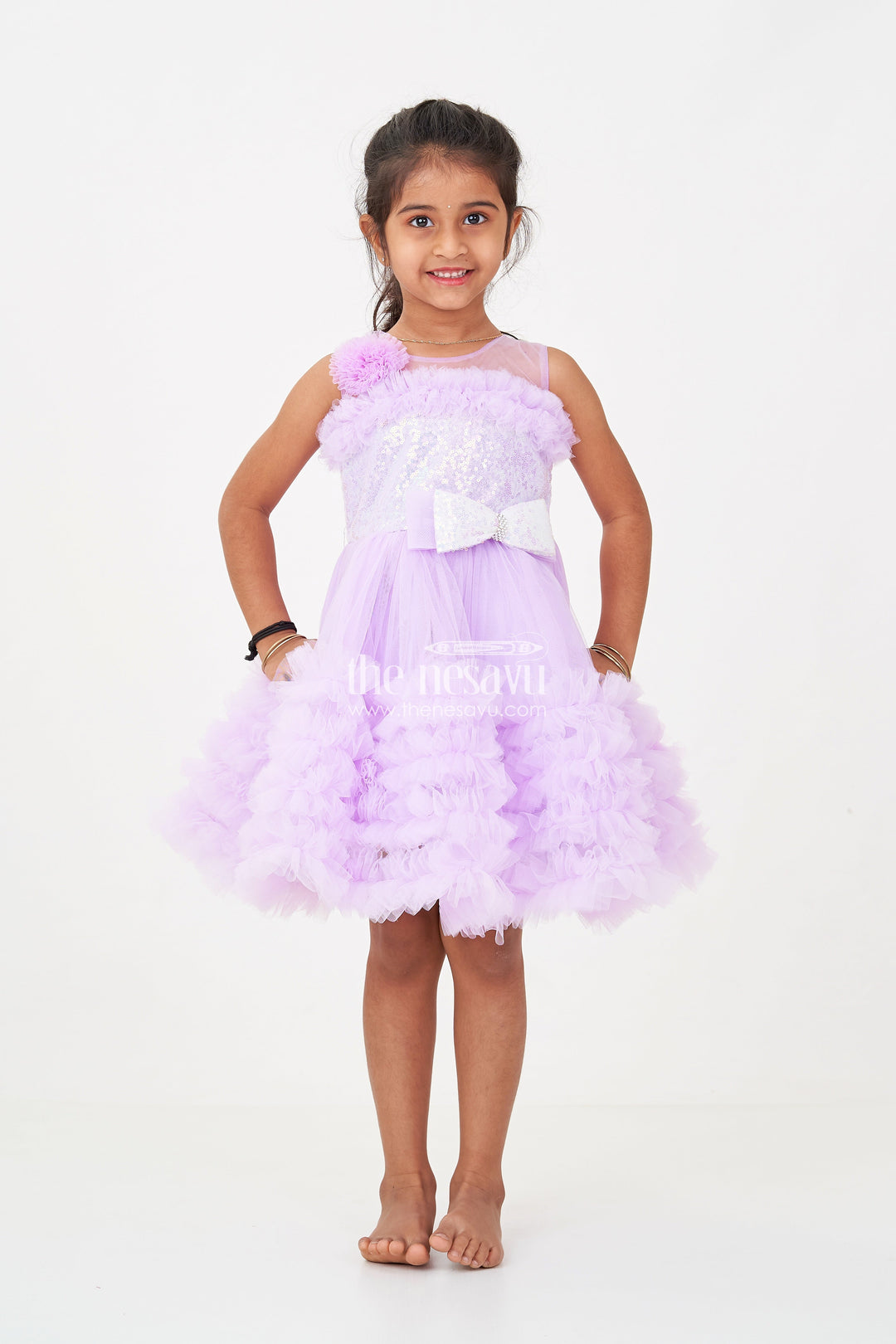 The Nesavu Girls Fancy Party Frock Elegant Purple Short Party Frock for Girls with Sequin Bodice and Ruffled Layers Nesavu Nesavu Purple Short Party Frock Girls Floral Sequin Detailing Ruffled Net Skirt