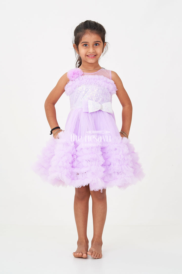 The Nesavu Girls Fancy Party Frock Elegant Purple Short Party Frock for Girls with Sequin Bodice and Ruffled Layers Nesavu Nesavu Purple Short Party Frock Girls Floral Sequin Detailing Ruffled Net Skirt