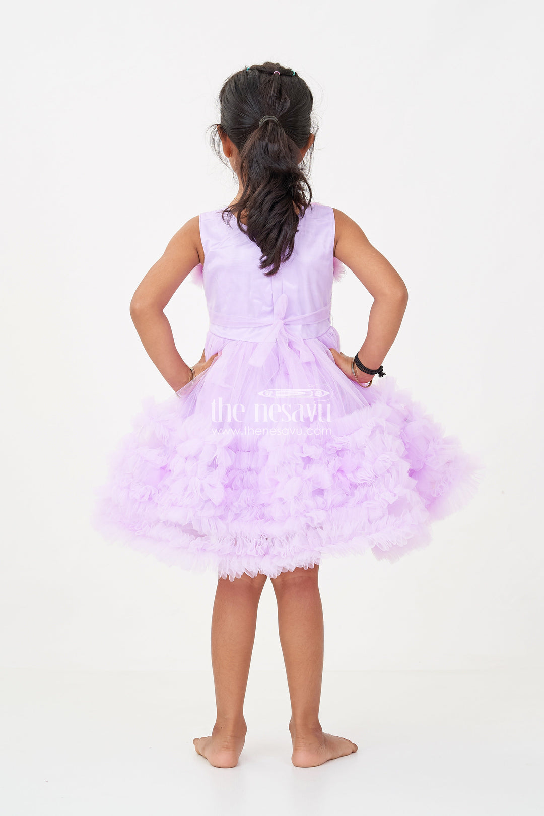 The Nesavu Girls Fancy Party Frock Elegant Purple Short Party Frock for Girls with Sequin Bodice and Ruffled Layers Nesavu Nesavu Purple Short Party Frock Girls Floral Sequin Detailing Ruffled Net Skirt