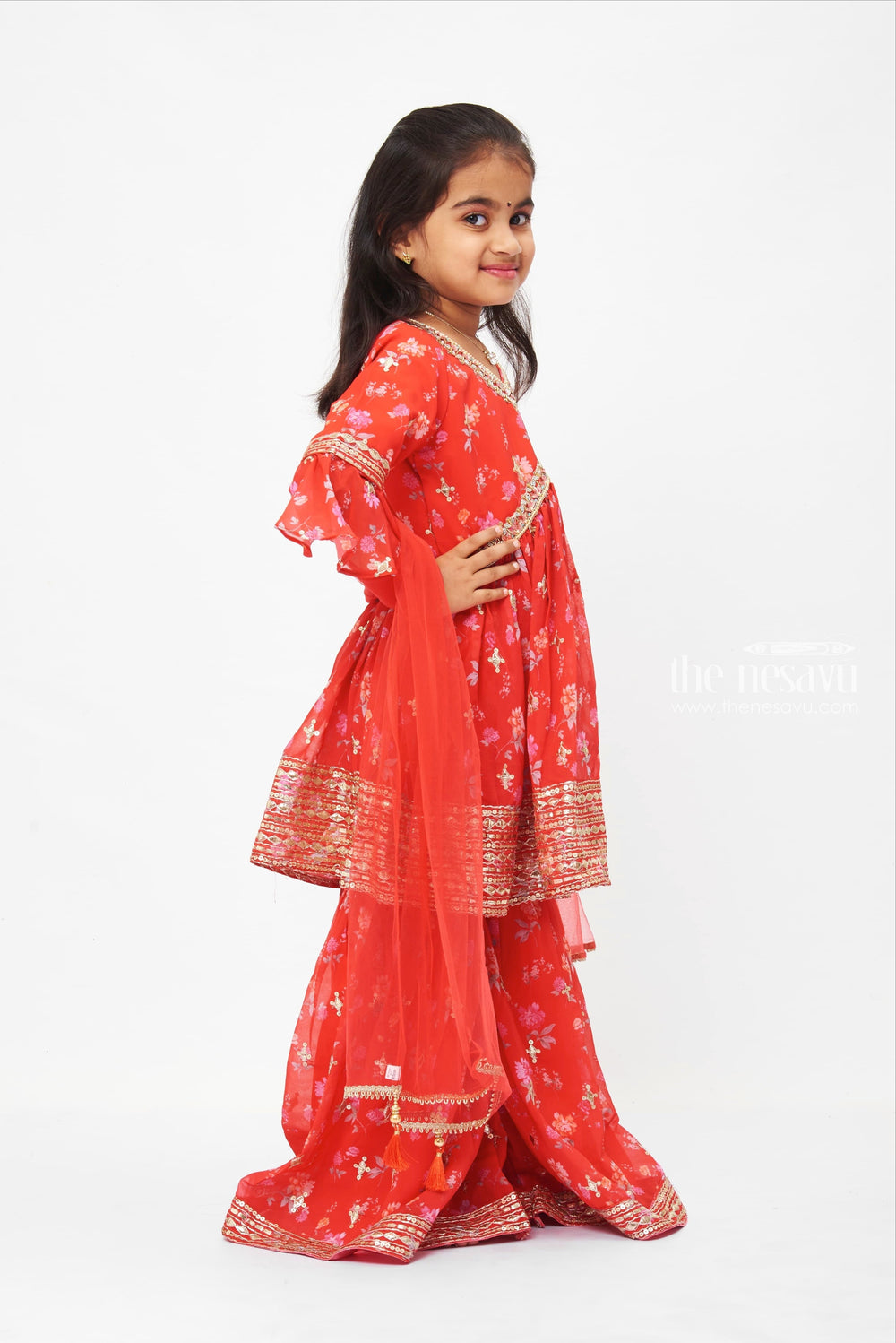 The Nesavu Girls Sharara / Plazo Set Elegant Red Aliacut Kurti with Sharara Pant Set for Girls Nesavu Embellished Kurti with Sharara | Designer Kurti for Kids | The Nesavu