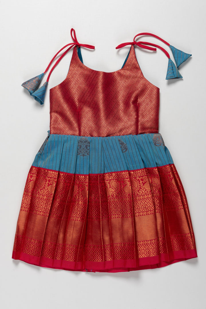 The Nesavu Tie-up Frock Elegant Red and Blue Silk Tie-Up Frock for Annaprasana and Chudakarana Nesavu 14 (6M) / Blue / Style 1 T381A-14 Elegant Red and Blue Silk TieUp Frock for Girls | Festive and Traditional Wear | The Nesavu