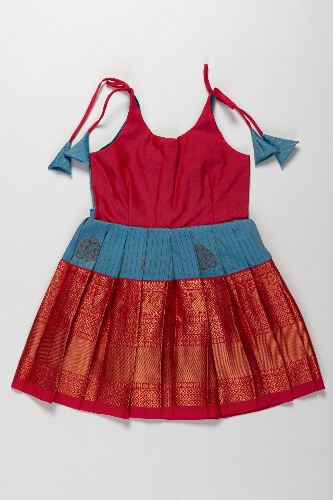 The Nesavu Tie-up Frock Elegant Red and Blue Silk Tie-Up Frock for Annaprasana and Chudakarana Nesavu 14 (6M) / Blue / Style 3 T381C-14 Elegant Red and Blue Silk TieUp Frock for Girls | Festive and Traditional Wear | The Nesavu