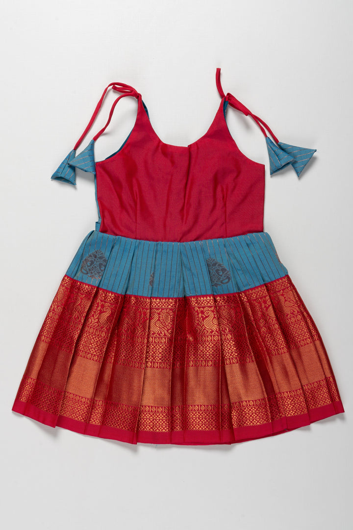 The Nesavu Tie-up Frock Elegant Red and Blue Silk Tie-Up Frock for Annaprasana and Chudakarana Nesavu 14 (6M) / Blue / Style 3 T381C-14 Elegant Red and Blue Silk TieUp Frock for Girls | Festive and Traditional Wear | The Nesavu