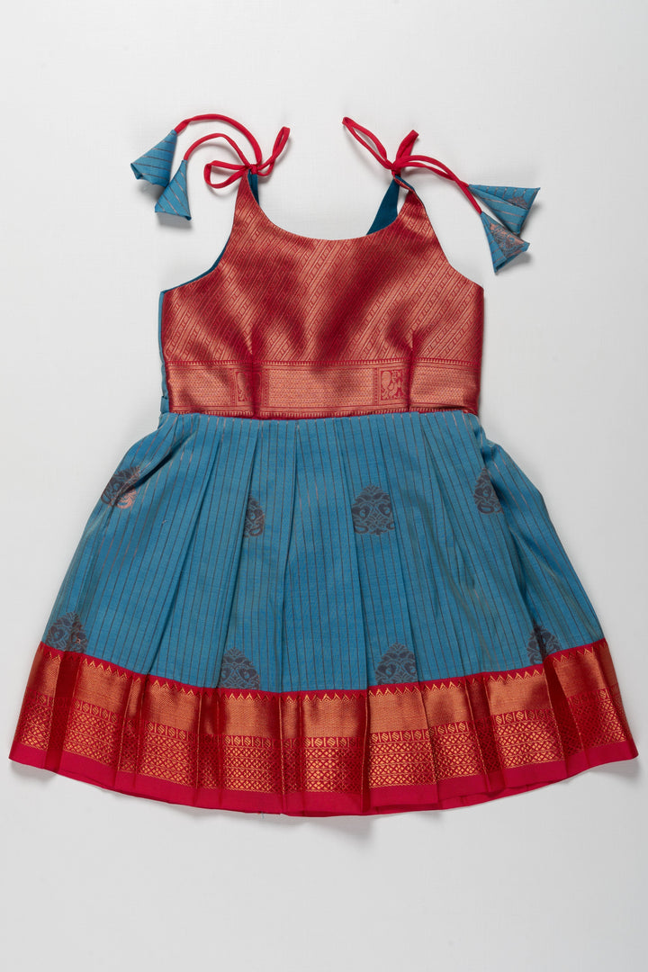 The Nesavu Tie-up Frock Elegant Red and Blue Silk Tie-Up Frock for Annaprasana and Chudakarana Nesavu 14 (6M) / Blue / Style 5 T381E-14 Elegant Red and Blue Silk TieUp Frock for Girls | Festive and Traditional Wear | The Nesavu