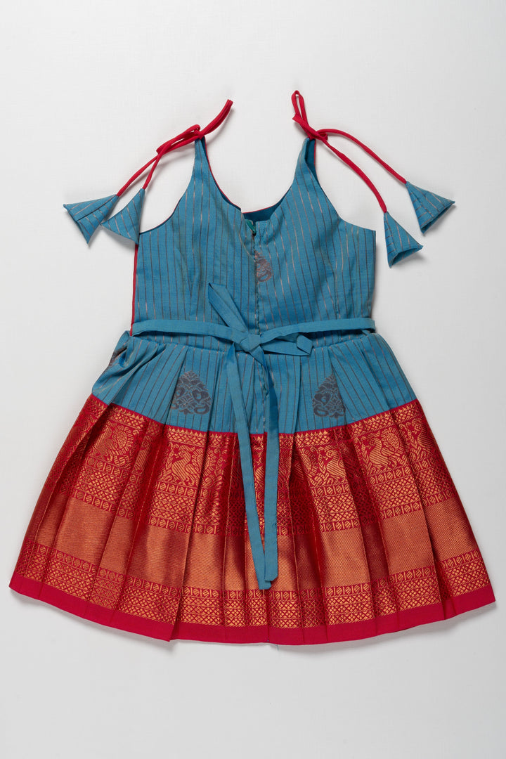 The Nesavu Tie-up Frock Elegant Red and Blue Silk Tie-Up Frock for Annaprasana and Chudakarana Nesavu Elegant Red and Blue Silk TieUp Frock for Girls | Festive and Traditional Wear | The Nesavu