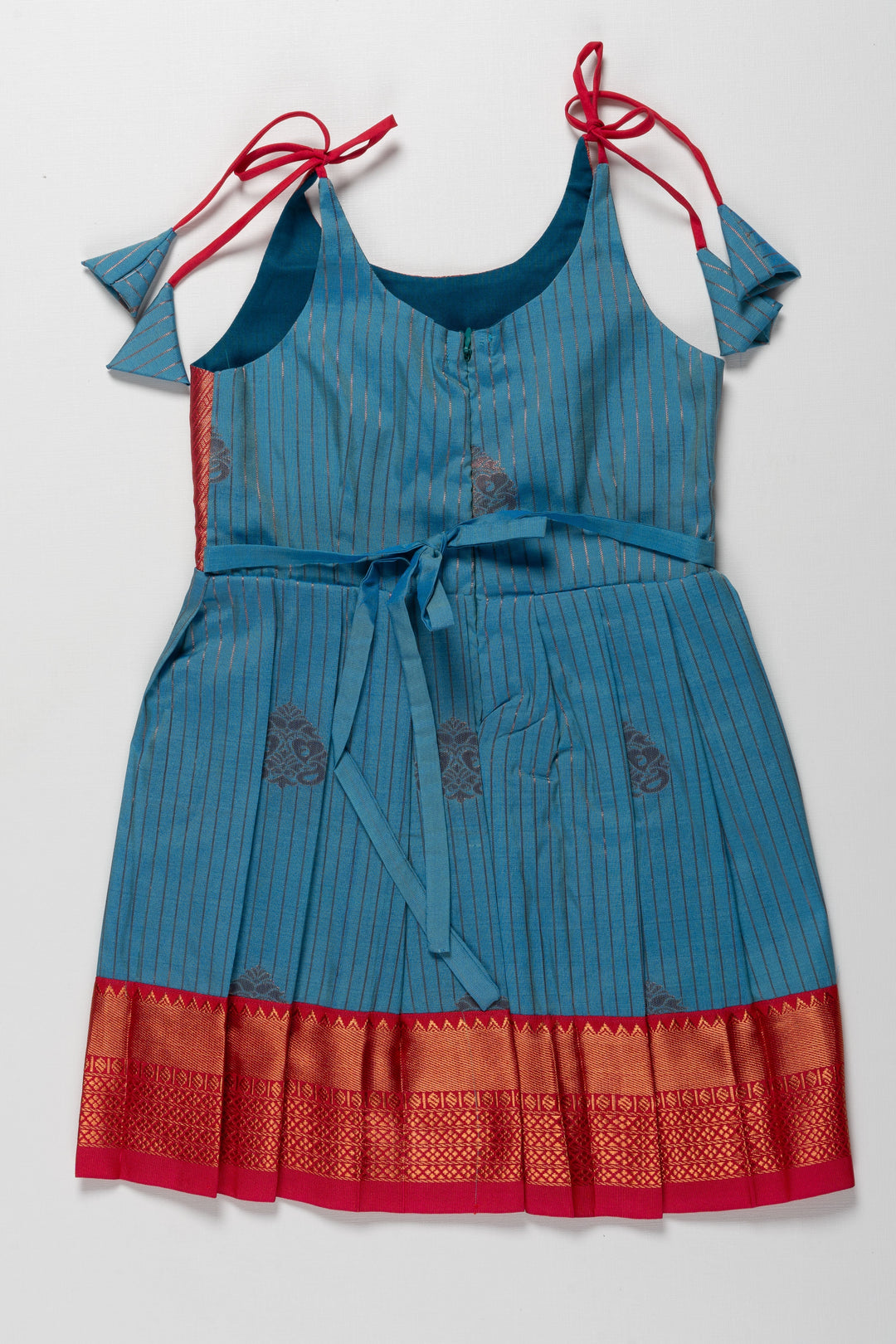 The Nesavu Tie-up Frock Elegant Red and Blue Silk Tie-Up Frock for Annaprasana and Chudakarana Nesavu Elegant Red and Blue Silk TieUp Frock for Girls | Festive and Traditional Wear | The Nesavu