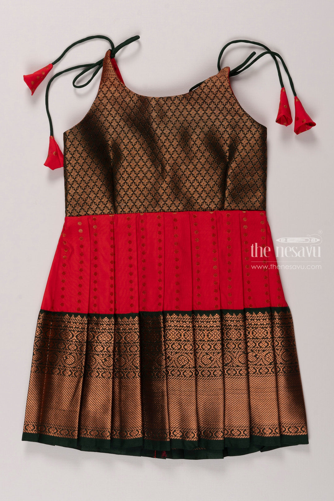 The Nesavu Tie-up Frock Elegant Red and Green Tie-up Silk Frock for Girls Nesavu 14 (6M) / Red / Style 1 T358A-14 Girls Red and Green Banarasi Border Silk Frock | Traditional Festive Wear | The Nesavu