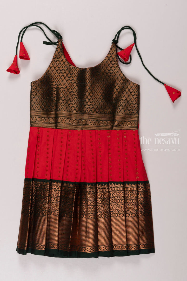 The Nesavu Tie-up Frock Elegant Red and Green Tie-up Silk Frock for Girls Nesavu 16 (1Y) / Red / Style 2 T358B-16 Girls Red and Green Banarasi Border Silk Frock | Traditional Festive Wear | The Nesavu