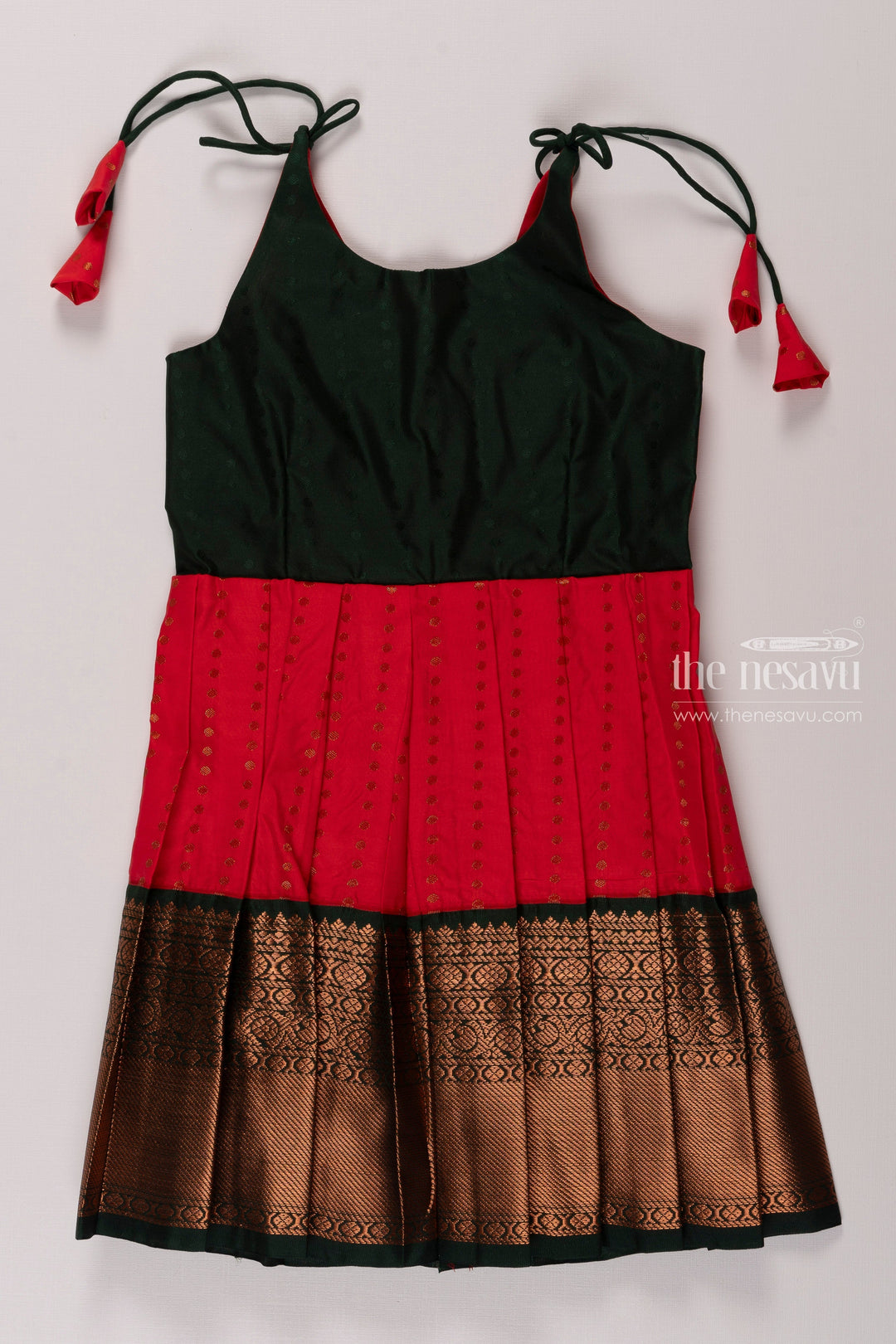 The Nesavu Tie-up Frock Elegant Red and Green Tie-up Silk Frock for Girls Nesavu 18 (2Y) / Red / Style 3 T358C-18 Girls Red and Green Banarasi Border Silk Frock | Traditional Festive Wear | The Nesavu