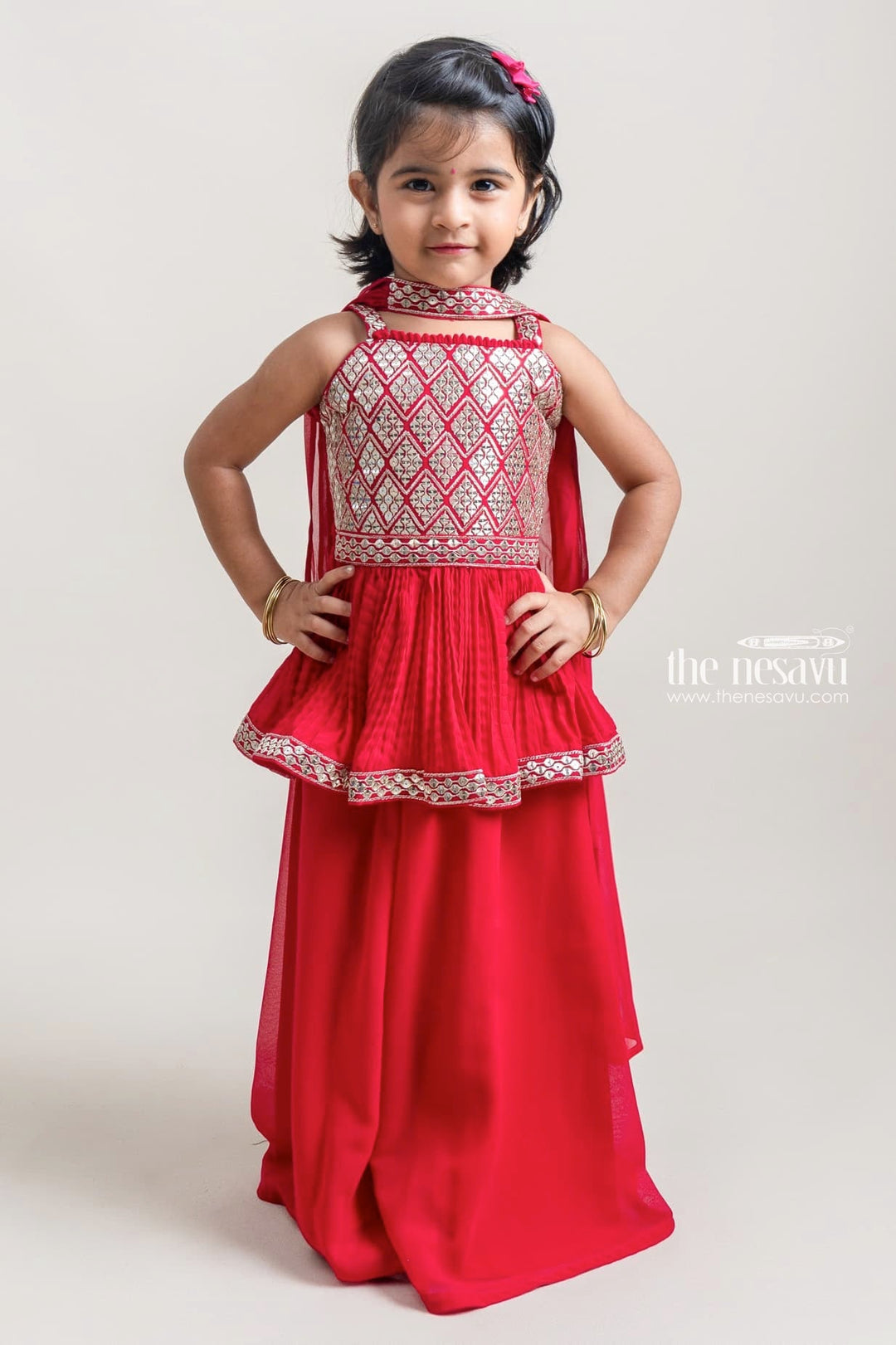 The Nesavu Girls Sharara / Plazo Set Elegant Red Glitter Sequin Embroidery Tunic Top And Palazzo Suit For Girls Nesavu 16 (1Y) / Red GPS114B-16 Stylish Palazzo suit For Girls | High Quality Dresses For Girls | The Nesavu
