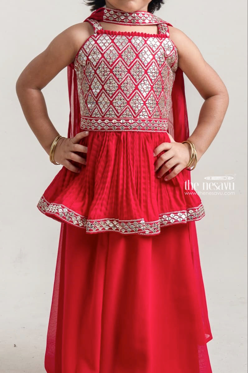 The Nesavu Girls Sharara / Plazo Set Elegant Red Glitter Sequin Embroidery Tunic Top And Palazzo Suit For Girls Nesavu Stylish Palazzo suit For Girls | High Quality Dresses For Girls | The Nesavu