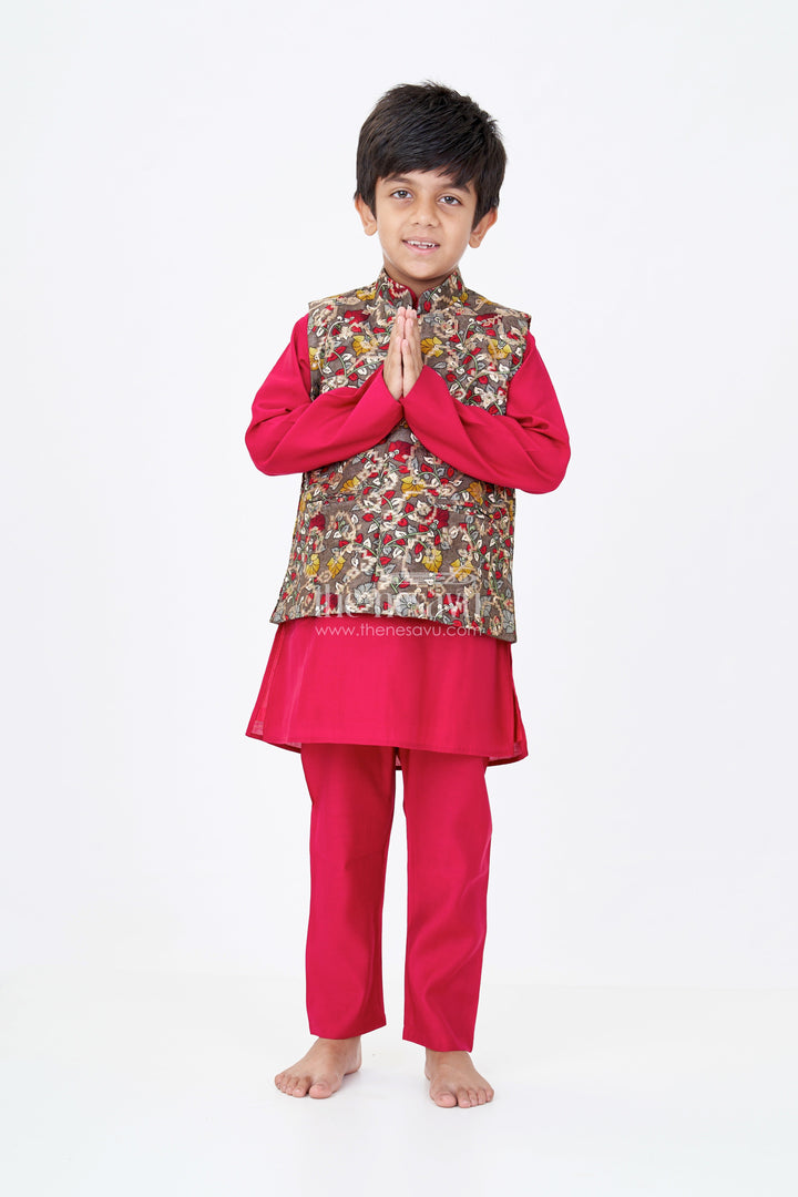 The Nesavu Boys Jacket Sets Elegant Red Kurta with Jacket Set for Boys in Jacquard Silk with Floral Embroidery Nesavu 16 (1Y) / Red BES647A-16 Nesavu Elegant Red Kurta Jacket Set Boys Jacquard Silk Floral Embroidery