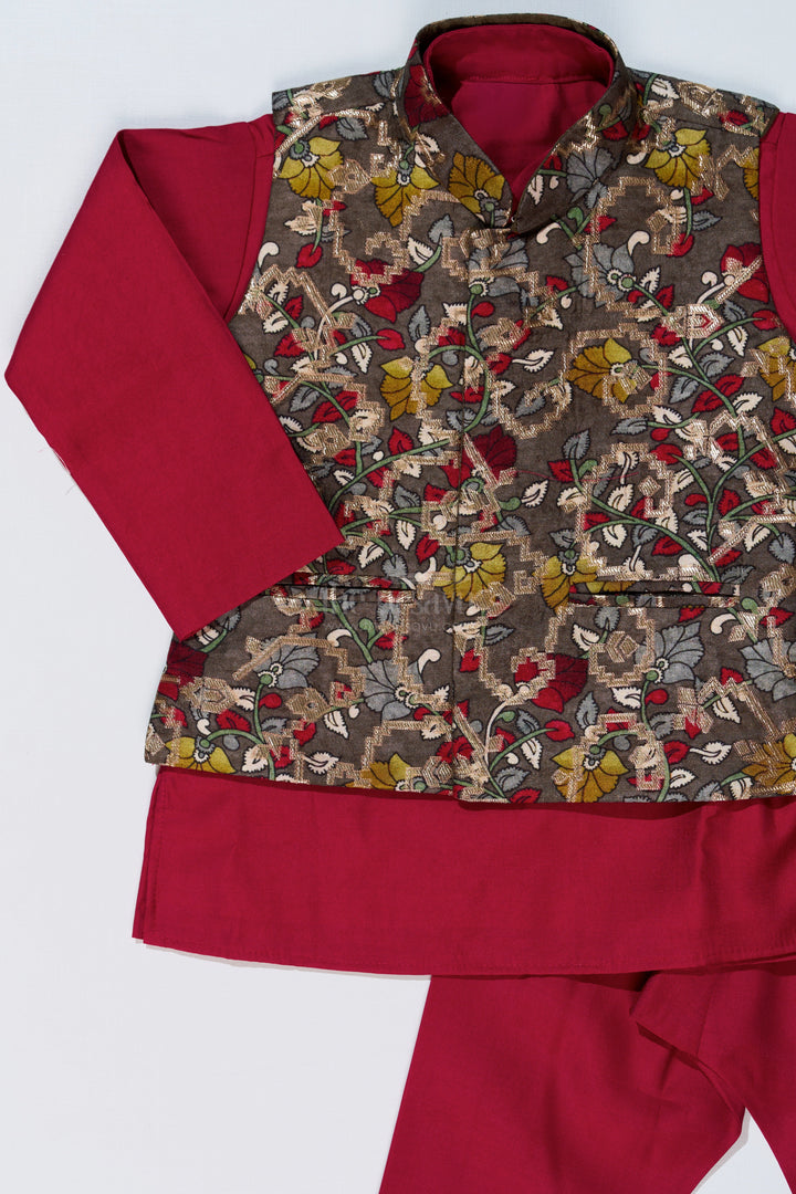 The Nesavu Boys Jacket Sets Elegant Red Kurta with Jacket Set for Boys in Jacquard Silk with Floral Embroidery Nesavu Nesavu Elegant Red Kurta Jacket Set Boys Jacquard Silk Floral Embroidery
