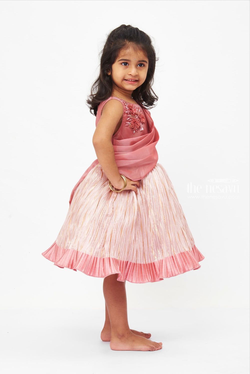 The Nesavu Girls Fancy Party Frock Elegant Rose Gold Layered Party Frock with Embellished Bodice Nesavu Rose Gold Girls' Party Dress - Embellished & Pleated Frock | The Nesavu