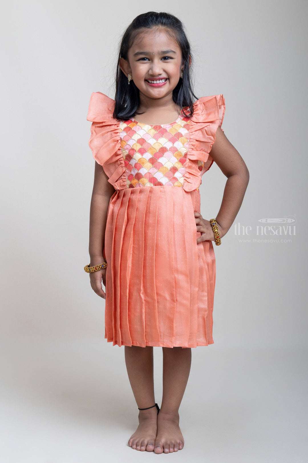 The Nesavu Silk Frock Elegant Ruffle Yoke Embroidered Semi-Silk Frock For Girls Nesavu 16 (1Y) / Orange / Silk Blend SF518A Trendy Semi-Silk Frocks with Embroidered Yoke | Silk Frocks Collection | The Nesavu