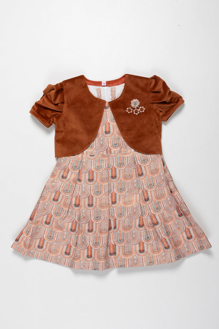 The Nesavu Girls Fancy Frock Elegant Rustic Charm Girls Cotton Frock with Embellished Velvet Jacket Nesavu 20 (3Y) / Brown / Cotton GFC1272A-20 Girls Rust Velvet Jacket & Traditional Print Cotton Frock Ensemble | The Nesavu