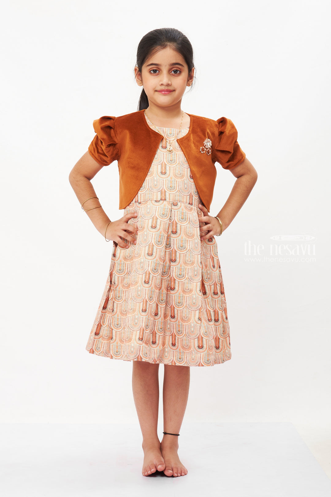 The Nesavu Girls Fancy Frock Elegant Rustic Charm Girls Cotton Frock with Embellished Velvet Jacket Nesavu Girls Rust Velvet Jacket & Traditional Print Cotton Frock Ensemble | The Nesavu