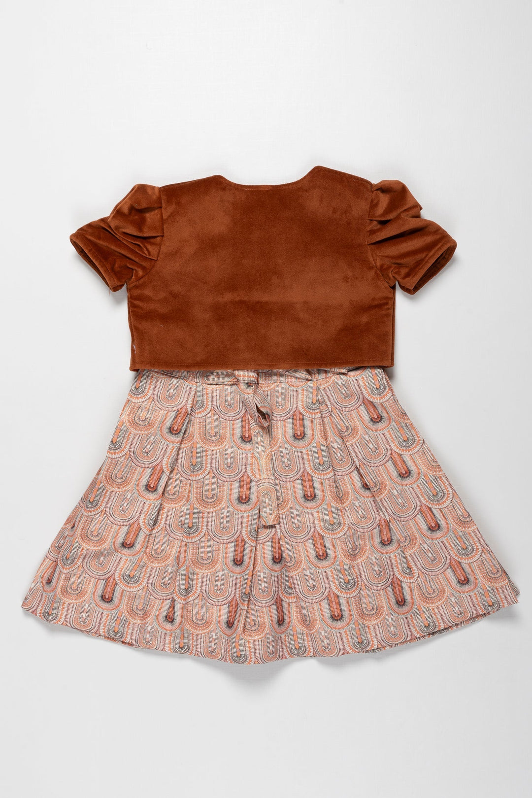 The Nesavu Girls Fancy Frock Elegant Rustic Charm Girls Cotton Frock with Embellished Velvet Jacket Nesavu Girls Rust Velvet Jacket & Traditional Print Cotton Frock Ensemble | The Nesavu