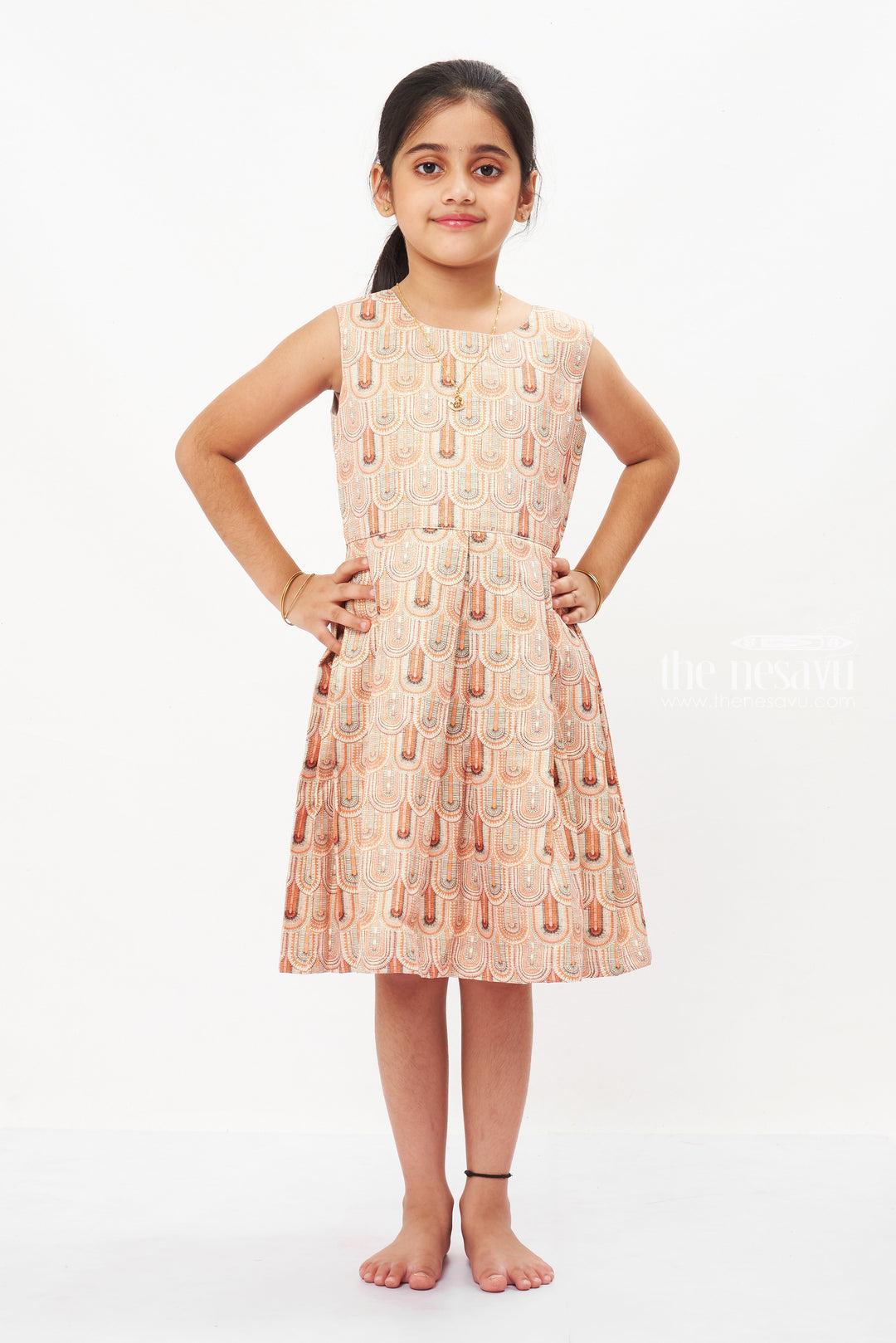 The Nesavu Girls Fancy Frock Elegant Rustic Charm Girls Cotton Frock with Embellished Velvet Jacket Nesavu Girls Rust Velvet Jacket & Traditional Print Cotton Frock Ensemble | The Nesavu