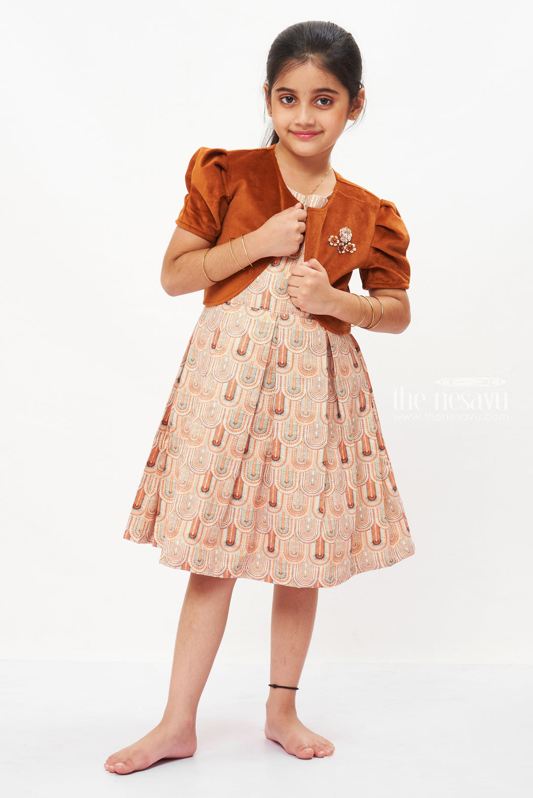 The Nesavu Girls Fancy Frock Elegant Rustic Charm Girls Cotton Frock with Embellished Velvet Jacket Nesavu Girls Rust Velvet Jacket & Traditional Print Cotton Frock Ensemble | The Nesavu