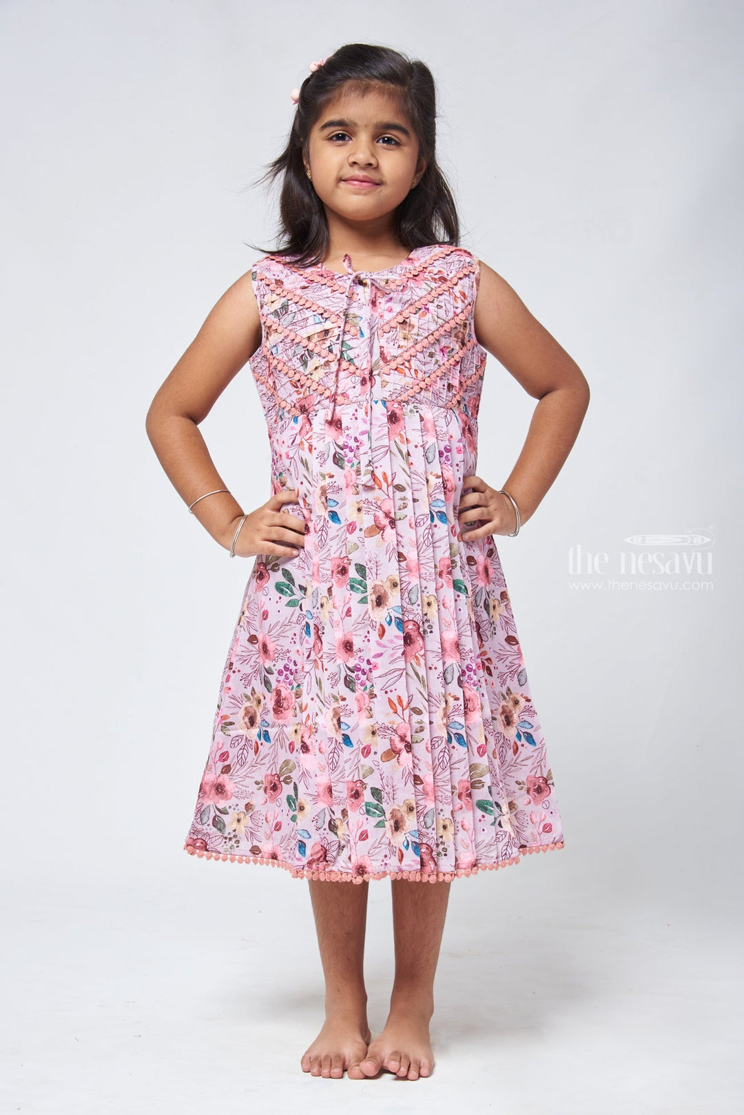 The Nesavu Girls Cotton Frock Elegant Salmon Floral Cotton Frock - Stylish Girls Attire Nesavu 22 (4Y) / Salmon / Cotton GFC1105B-22 Baby Girl Cotton Dresses | Floral Print Cotton Frocks | The Nesavu