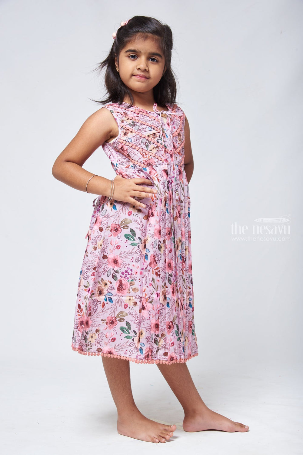 The Nesavu Girls Cotton Frock Elegant Salmon Floral Cotton Frock - Stylish Girls Attire Nesavu Baby Girl Cotton Dresses | Floral Print Cotton Frocks | The Nesavu