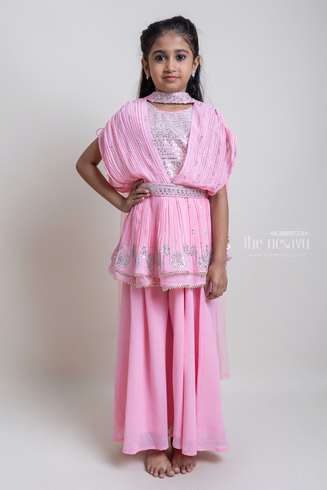 The Nesavu Girls Sharara / Plazo Set Elegant Salmon Pink Floral Designer Embroidery Tunic Tops And Palazzo Suit Sets For Girls Nesavu 24 (5Y) / Pink GPS123A-24 Pink Palazzo Designer Suit For Girls | Elegant Wear For Girls | The Nesavu